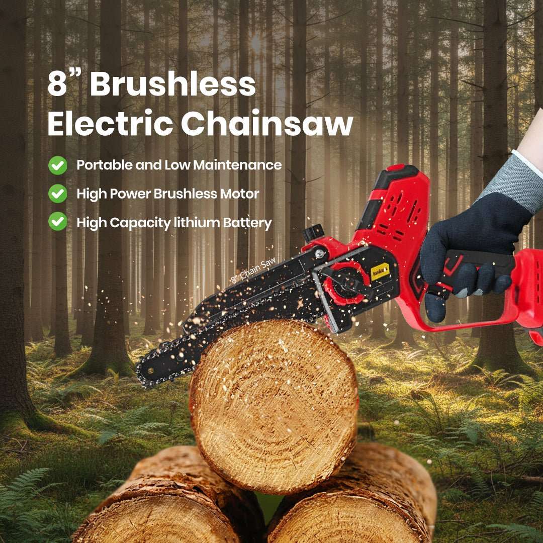 Cordless Chainsaws Pruning Shears Combo Deal featuring a red and black 8-inch brushless electric chainsaw cutting a log