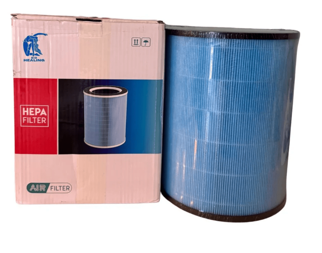 Hospital-Grade HEPA 13 air purifier filter shown with blue pleated cylindrical filter and branded packaging