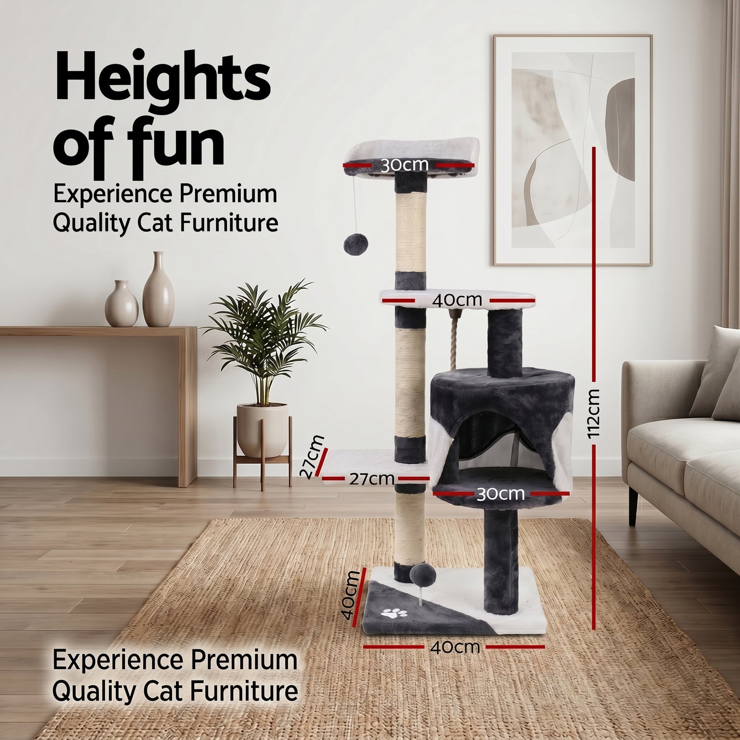 Cat Tree Tower Scratching Post 112cm Cat Condo House Furniture Grey