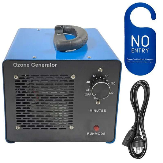 Ozone generator, 100G/H Bio Healing Ozone Generator, with a blue metal casing, black vented panel, timer dial and handle.