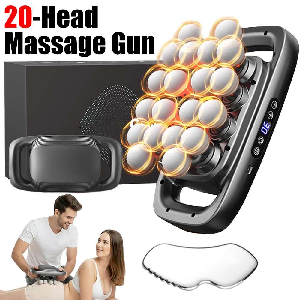 20 Head Massage Gun with a black and silver handheld body, rows of round massage heads, and a display screen
