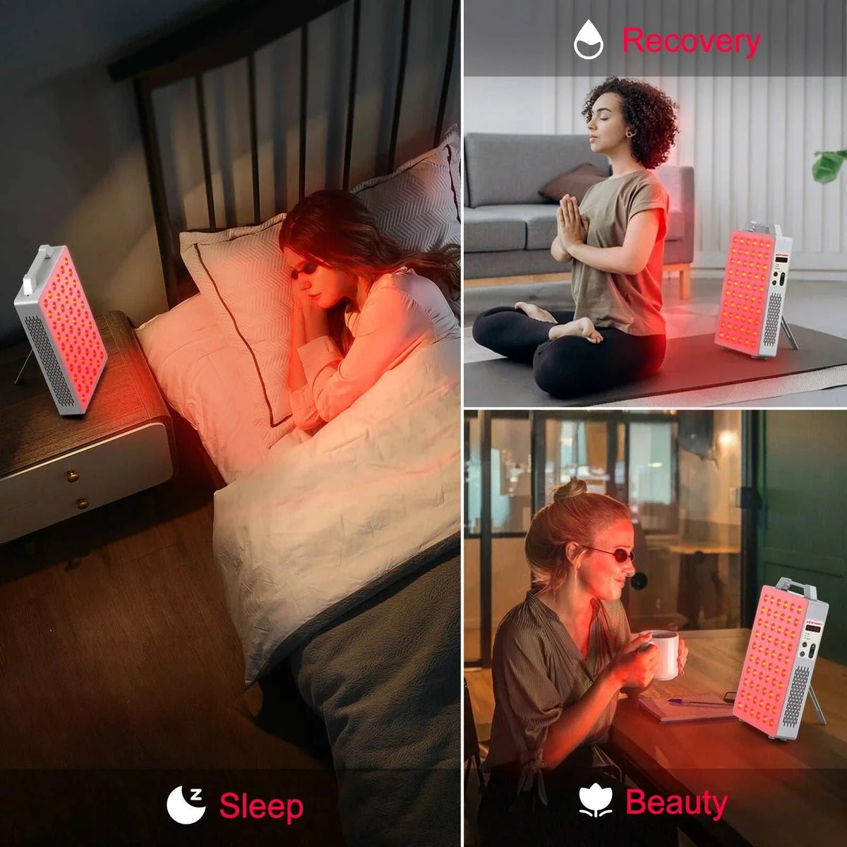 300W Red Light Panel with a white body, red LED array and angled stand shown beside people during sleep, meditation and beauty routines