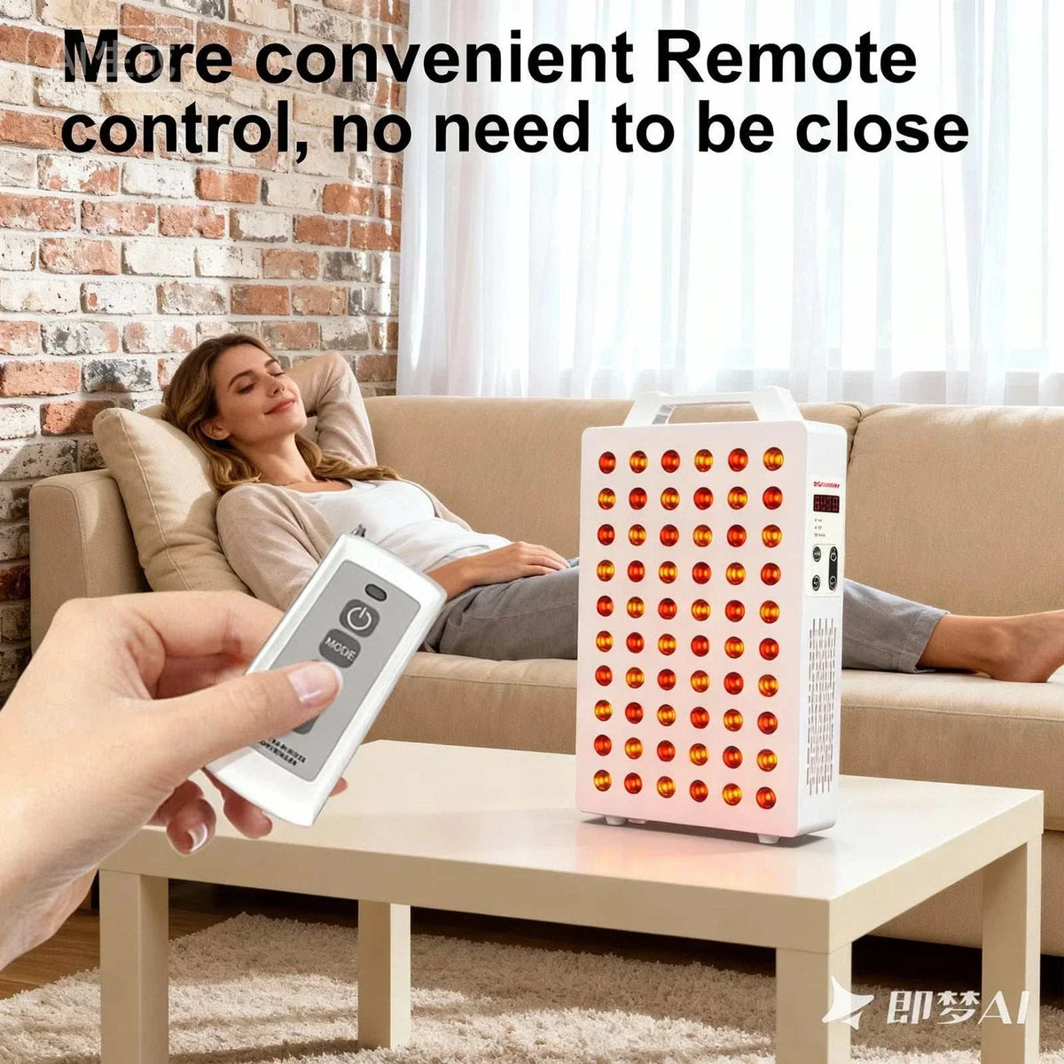 300W Red Light Panel with a white rectangular housing, rows of glowing red LEDs, and remote control.