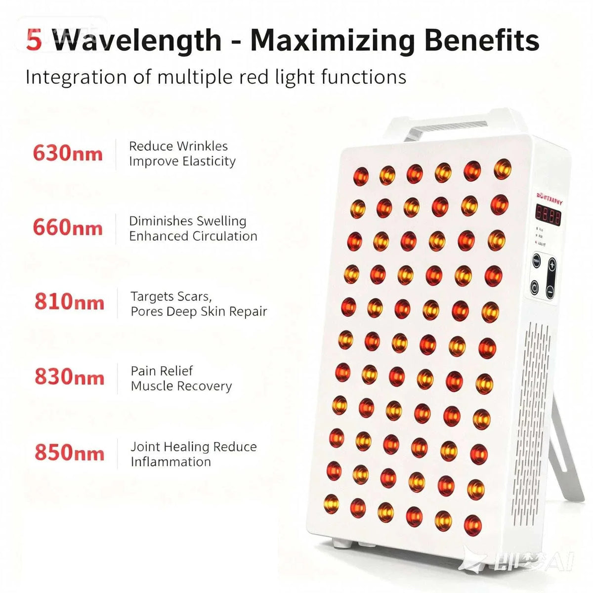 300W Red Light Panel with a white metal casing, grid of red and amber LEDs, side controls and adjustable stand