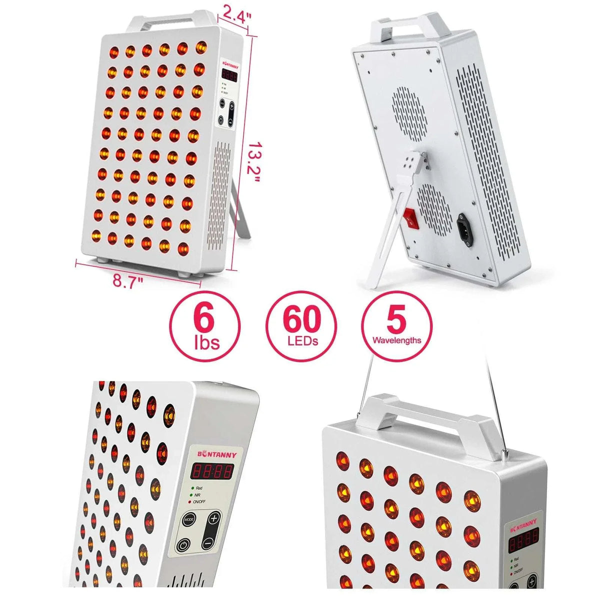300W Red Light Panel with a white metal body, rows of red and amber LED lenses, handle, stand and control display.