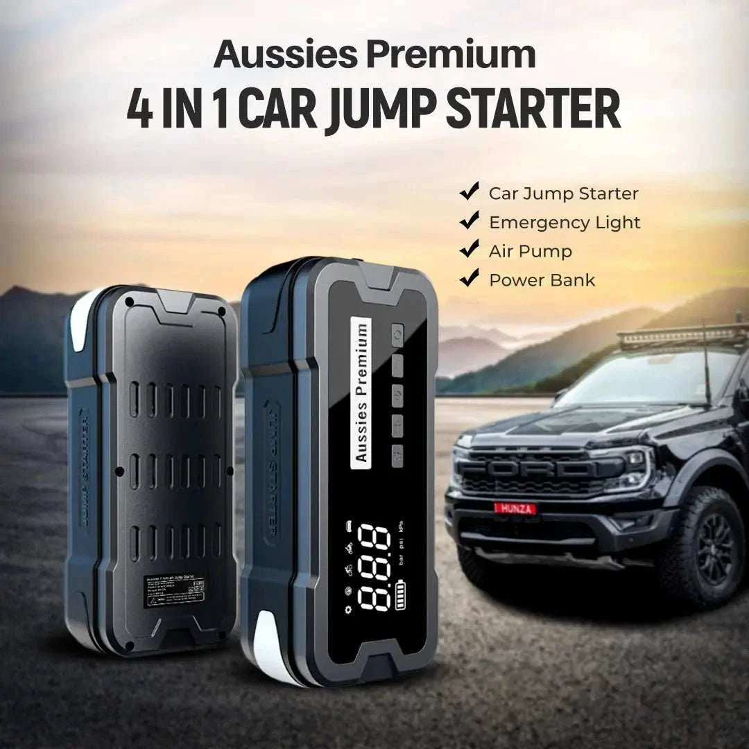4-In-1 Jump Start Tyre Inflator, a black and blue portable device with a digital display, shown with its rear panel