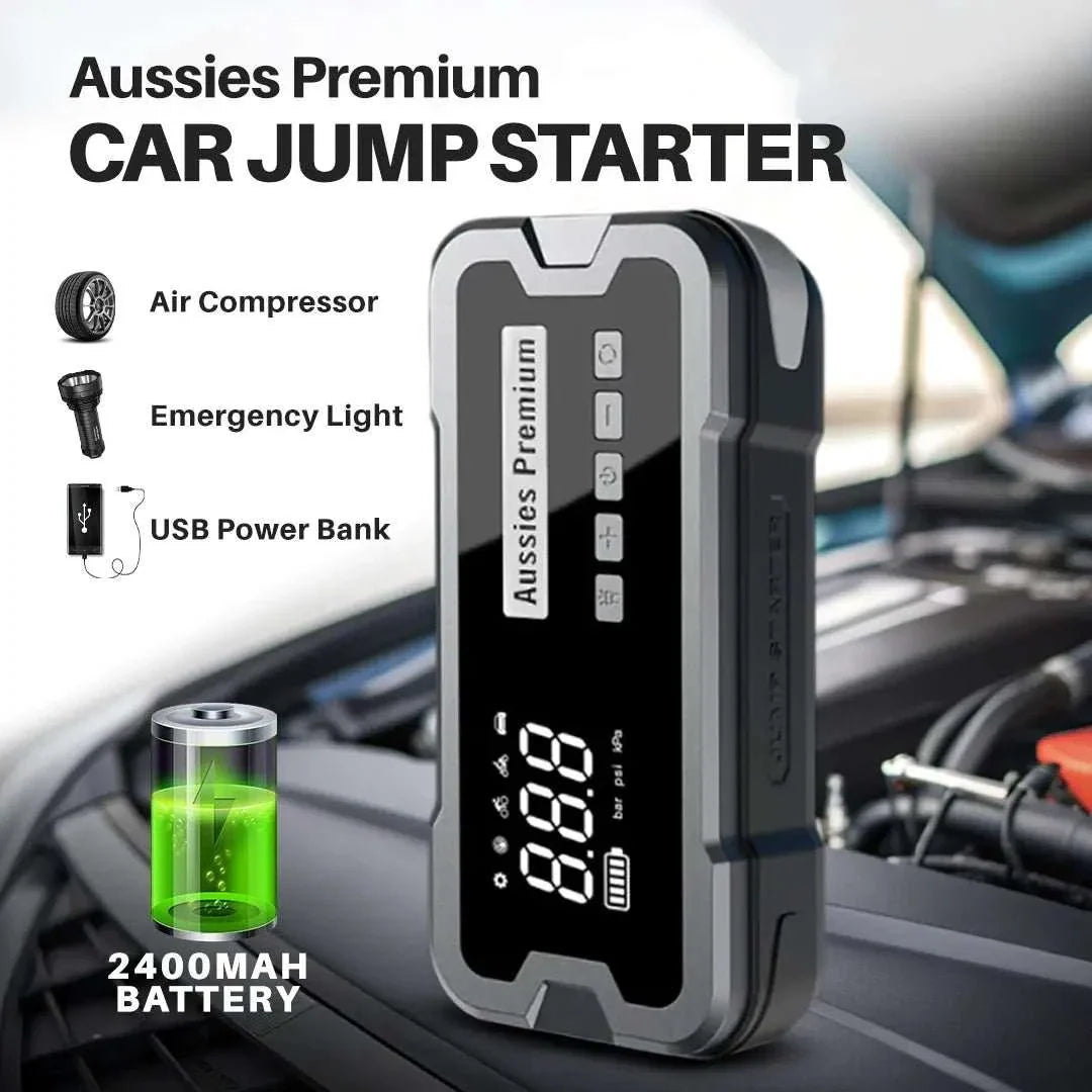 4-In-1 Jump Start Tyre Inflator, black and grey portable car starter with digital display, air compressor, emergency light and USB power bank