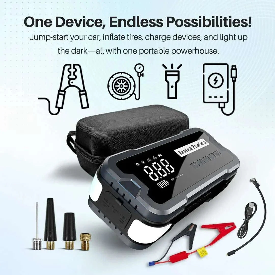 4-In-1 Jump Start Tyre Inflator in black and grey with a digital display, carrying case, jumper cables and air nozzles
