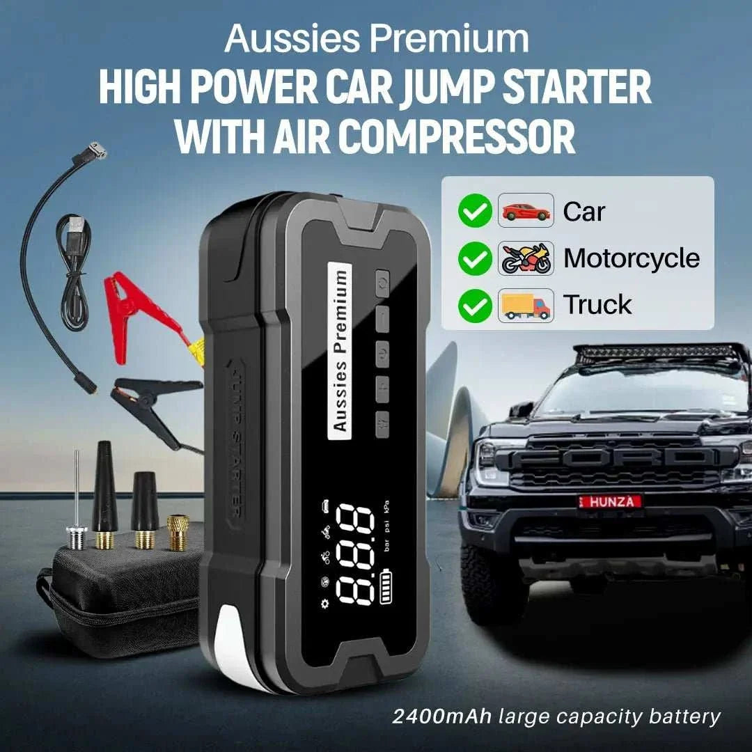 4-In-1 Jump Start Tyre Inflator in a black and grey case, shown with jumper clamps, air hose and digital display