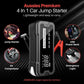 4-In-1 Jump Start Tyre Inflator, black and grey portable unit with digital display, jumper clamps and air hose