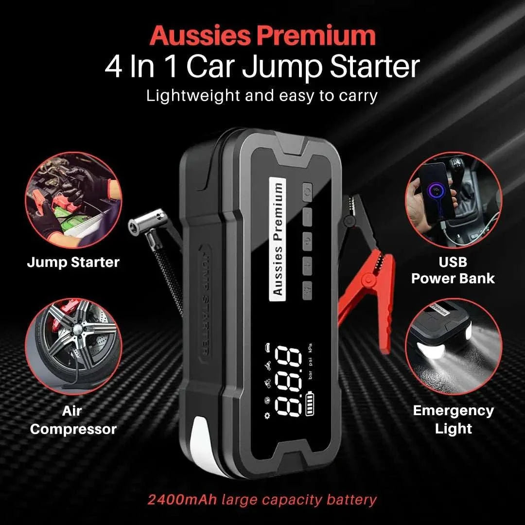 4-In-1 Jump Start Tyre Inflator, black and grey portable unit with digital display, jumper clamps and air hose