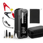 4-In-1 Jump Start Tyre Inflator, a black and grey compact power unit with digital display, jumper clamps, cables, adaptors and carrying case.
