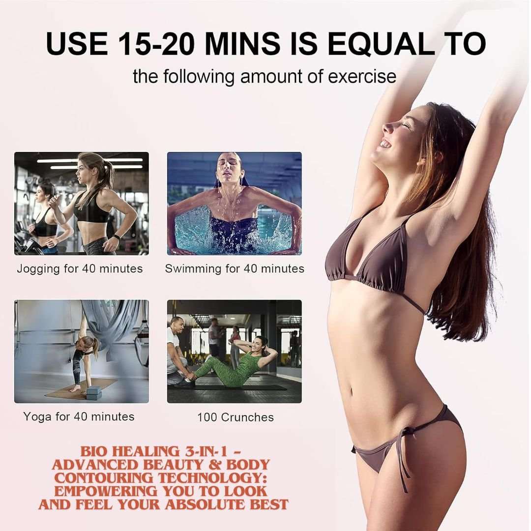 40K Cavitation & RF Fat Reduction beauty infographic with a woman in a dark bikini and exercise comparison panels