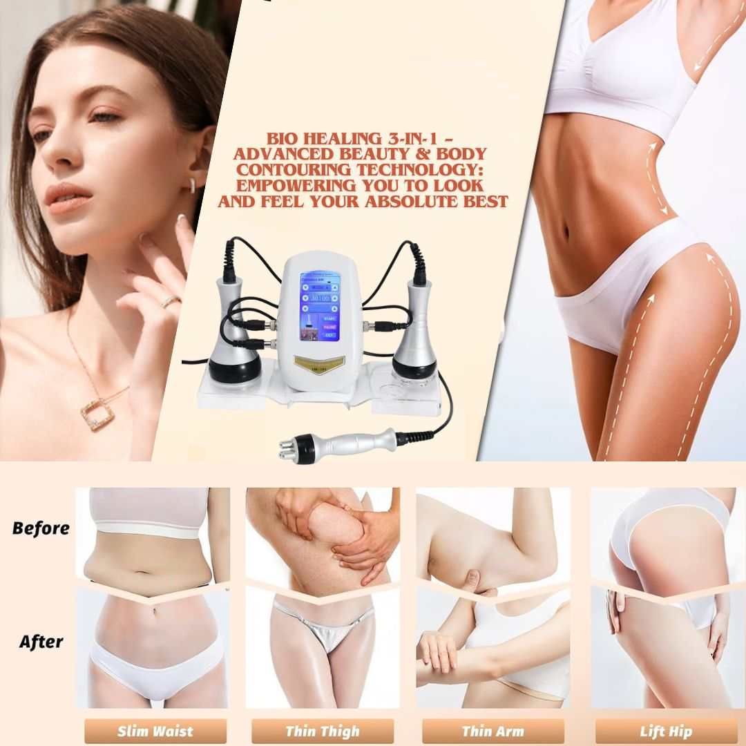 40K Cavitation & RF Fat Reduction machine with a white digital control unit and handpieces, shown with body contouring results