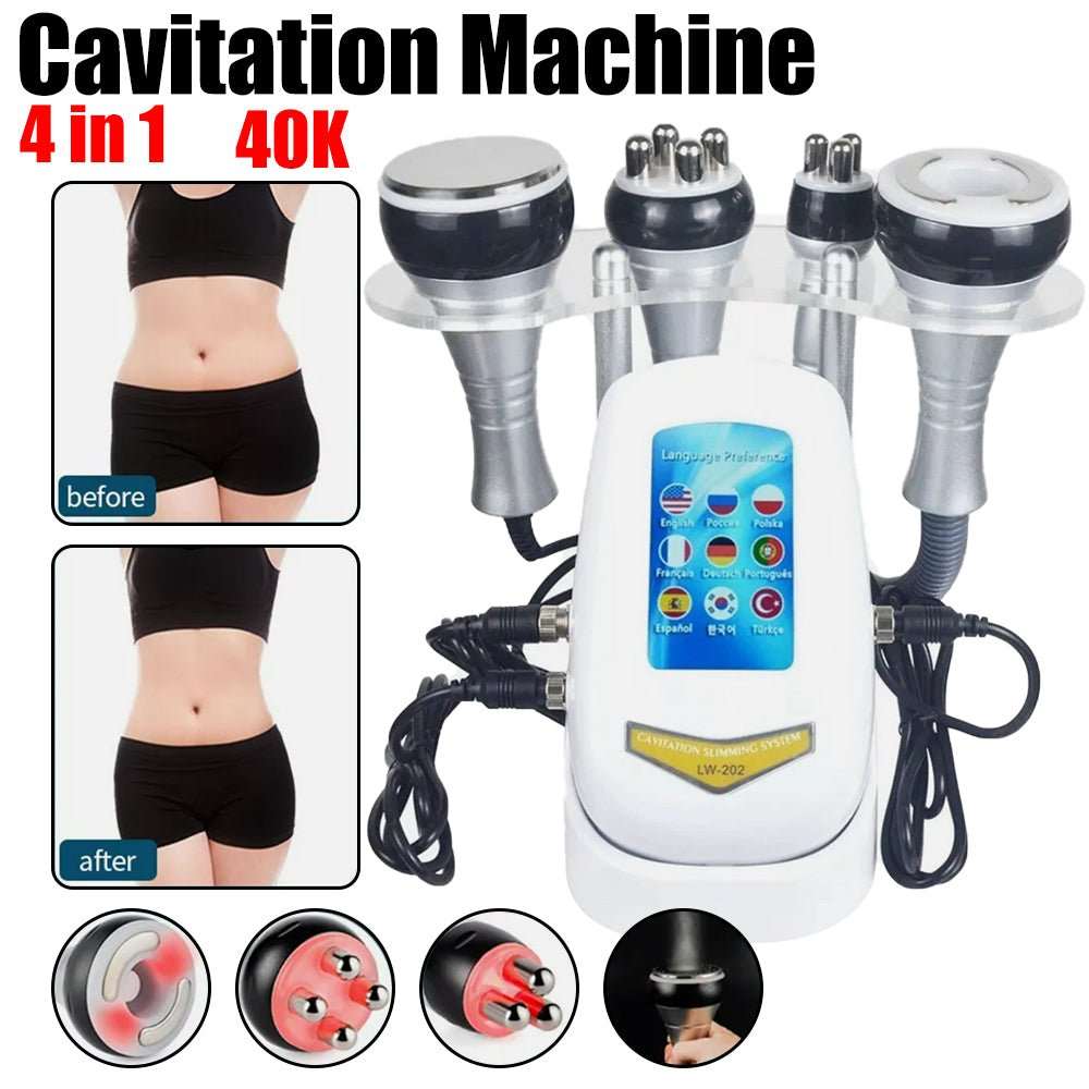 40K Cavitation & RF Fat Reduction machine with a white control unit, four silver handpieces and body sculpting probes