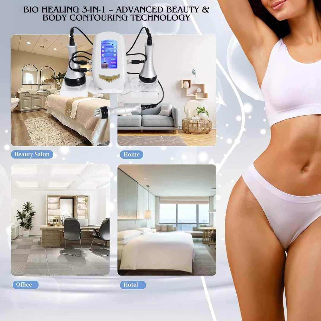 40K Cavitation & RF Fat Reduction machine with silver handpieces and blue touchscreen, shown with salon and home settings