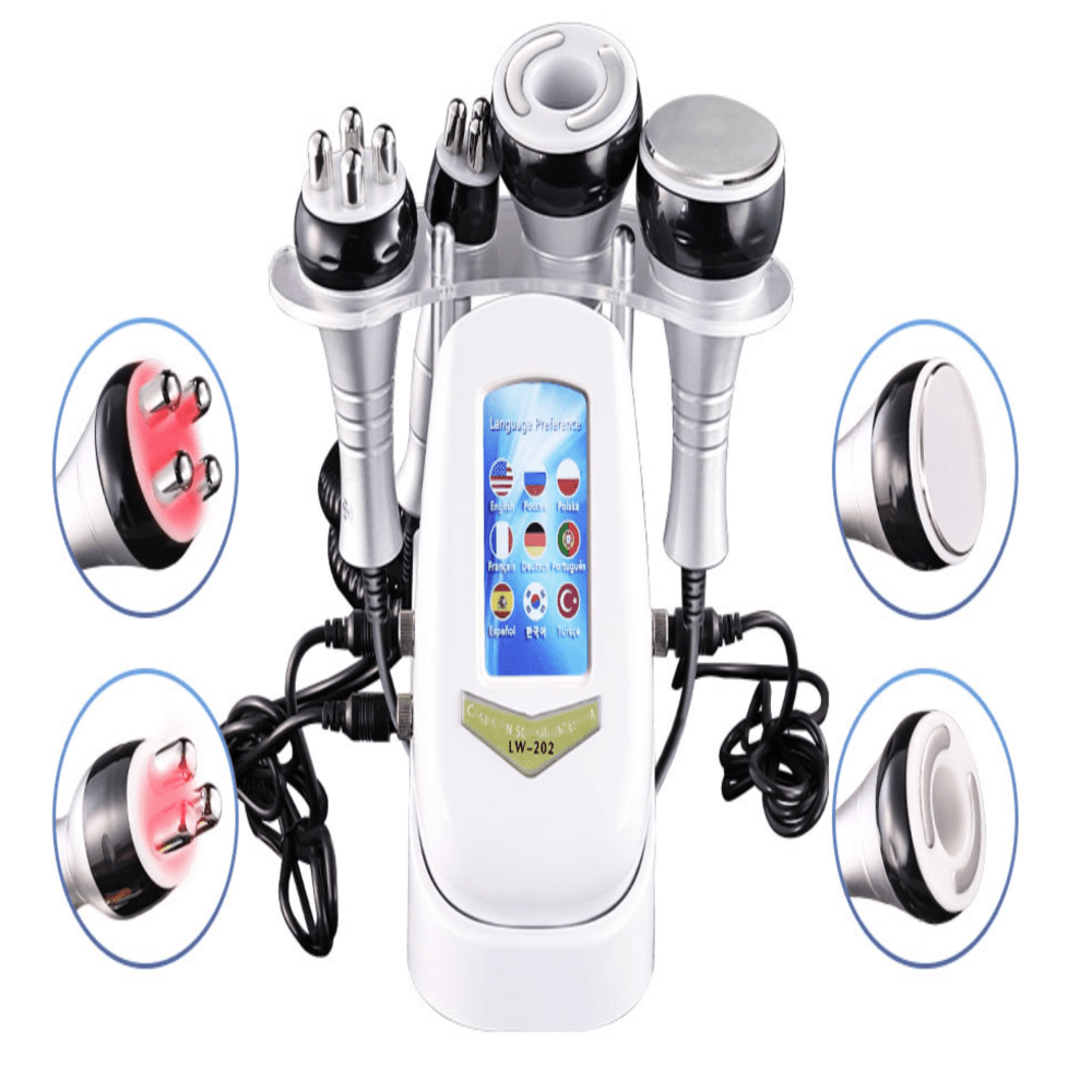 40K Cavitation & RF Fat Reduction machine with a white plastic body, blue control screen, and multiple black-and-silver probes.