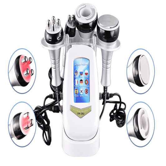 40K Cavitation & RF Fat Reduction machine with a white plastic body, blue control screen, and multiple black-and-silver probes.