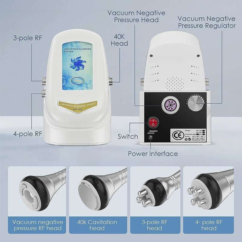 40K Cavitation & RF Fat Reduction machine with white control unit, vacuum heads, 40K cavitation and RF handpieces