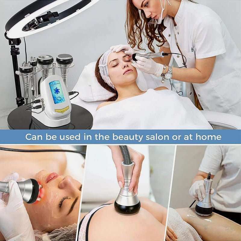 40K Cavitation & RF Fat Reduction machine with white console and metal handpieces shown during facial and body treatments