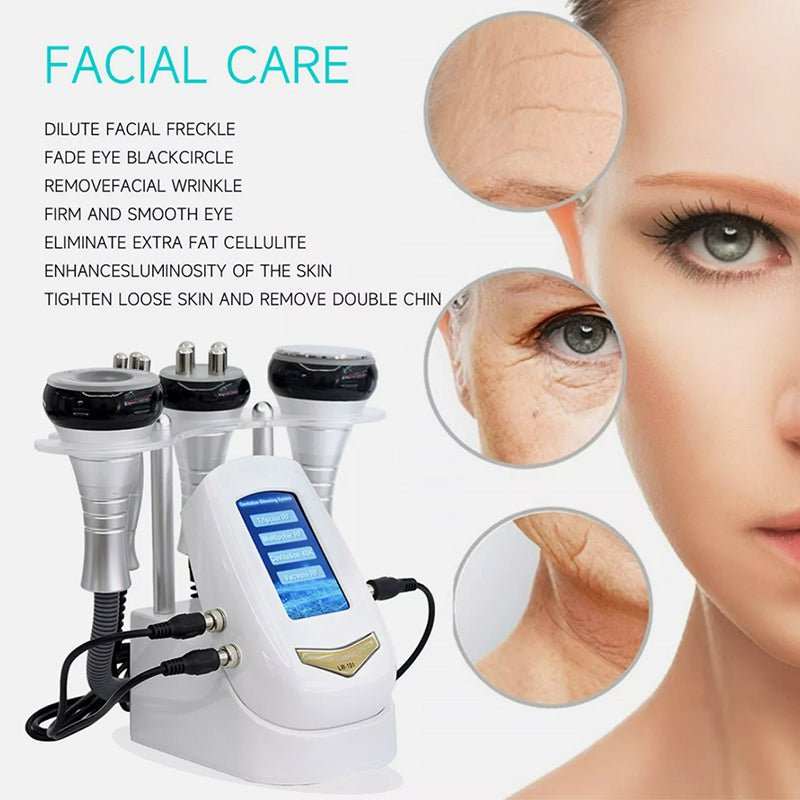 40K Cavitation & RF Fat Reduction machine in white with blue touchscreen and multiple silver treatment handpieces