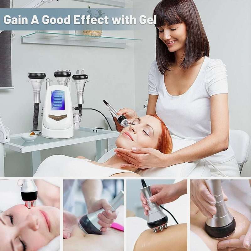 40K Cavitation & RF Fat Reduction machine with white console and metal handpieces shown during facial and body treatments