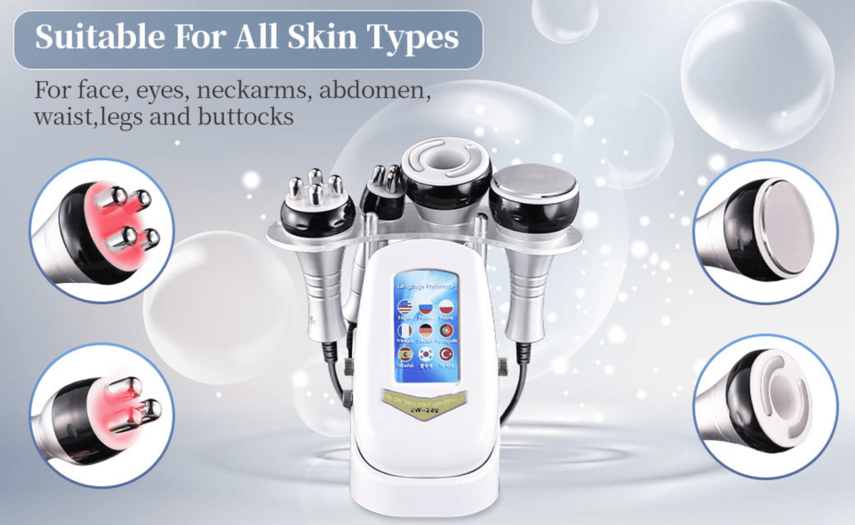 40K Cavitation & RF Fat Reduction machine with a white body, touchscreen, and multiple metal treatment handpieces