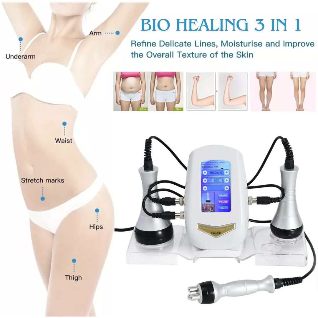 40K Cavitation & RF Fat Reduction machine with a white digital control unit, silver treatment probes and body area diagrams