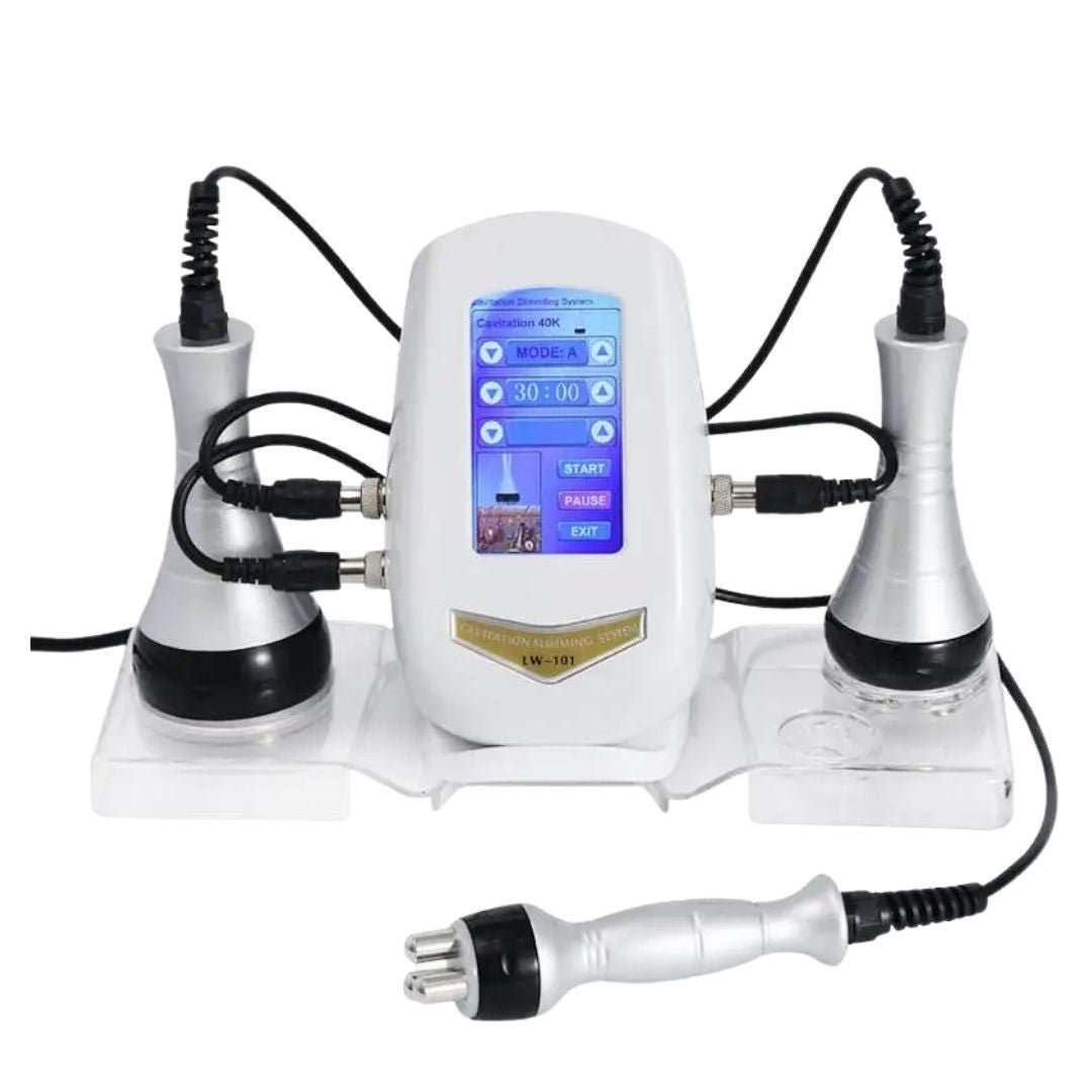 40K Cavitation & RF Fat Reduction machine in white with a blue touchscreen, two wired probes and a silver handpiece