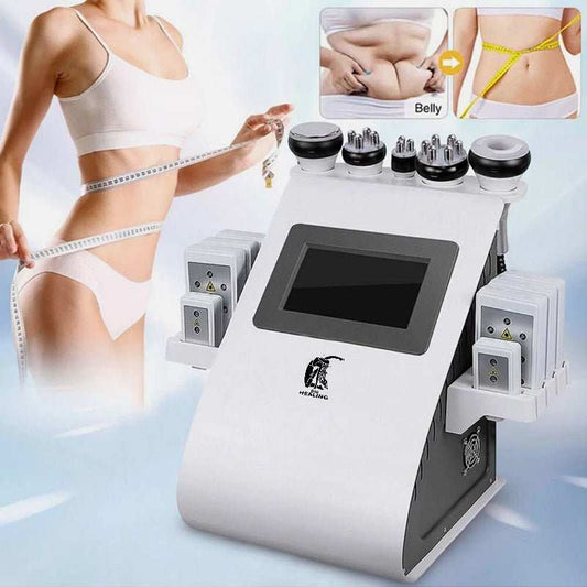 6-in-1 Ultrasonic Cavitation body contouring machine with a white and black console, touchscreen, and multiple treatment heads