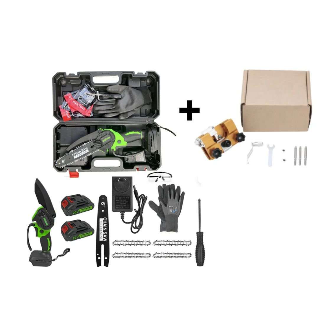 6 Inch Green Cordless Electric Chainsaw kit with black and green saw, two batteries, charger, gloves, case and accessories