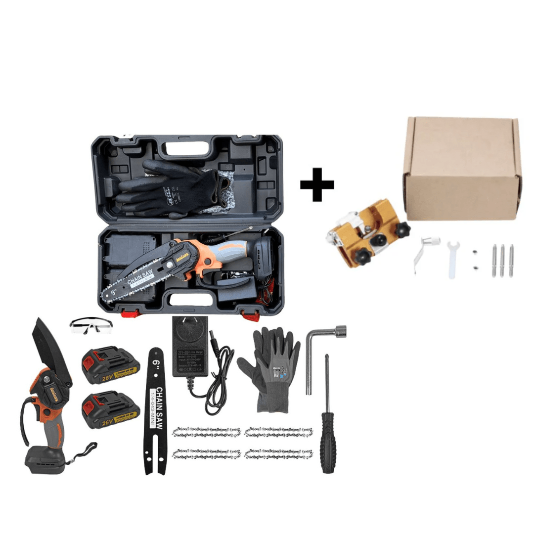 6 Inch Green Cordless Electric Chainsaw kit with a black and orange saw, batteries, carry case, charger and accessories