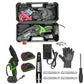 6 Inch Green Cordless Electric Chainsaw with a black and bright green body in a hard case, with batteries, gloves and accessories.