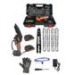 6 Inch Green Cordless Electric Chainsaw kit with orange and black saw, batteries, spare chains, case and safety gear