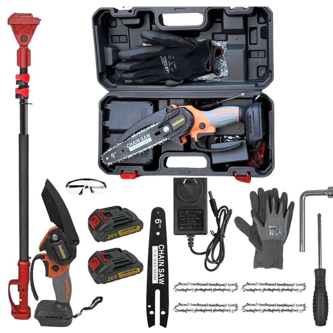 6 Inch Green Cordless Electric Chainsaw kit with an orange and black mini saw, battery packs, case, gloves and accessories