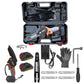 6 Inch Green Cordless Electric Chainsaw kit with orange-and-black saw, two batteries, chains, gloves and carry case