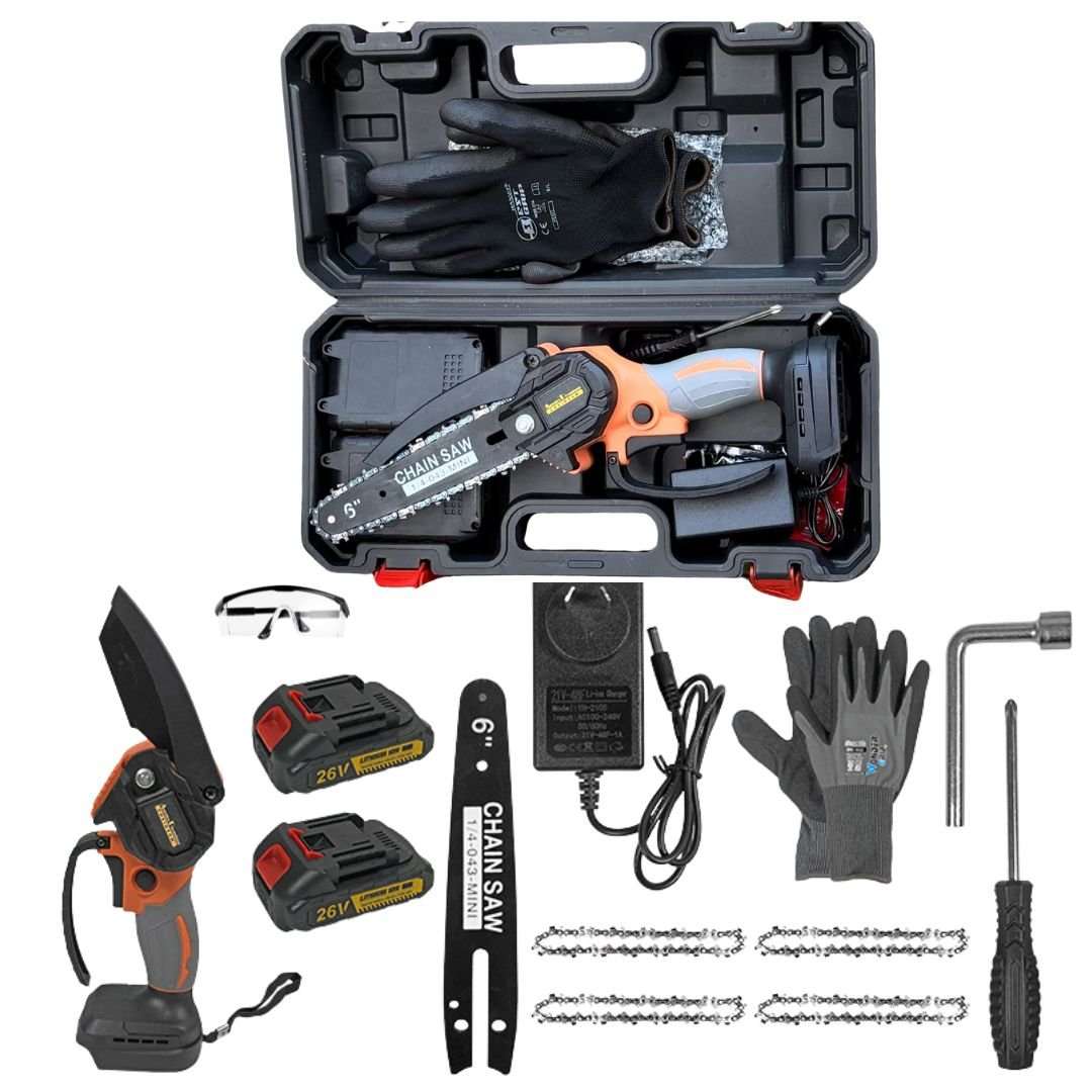 6 Inch Green Cordless Electric Chainsaw kit with orange-and-black saw, two batteries, chains, gloves and carry case