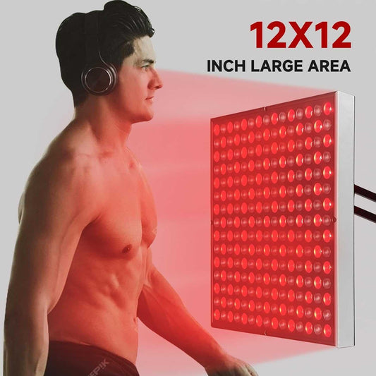 Red light therapy lamp with a silver frame and grid of glowing red LEDs, 660nm Red + 850nm Infrared Red Light, 12-inch panel