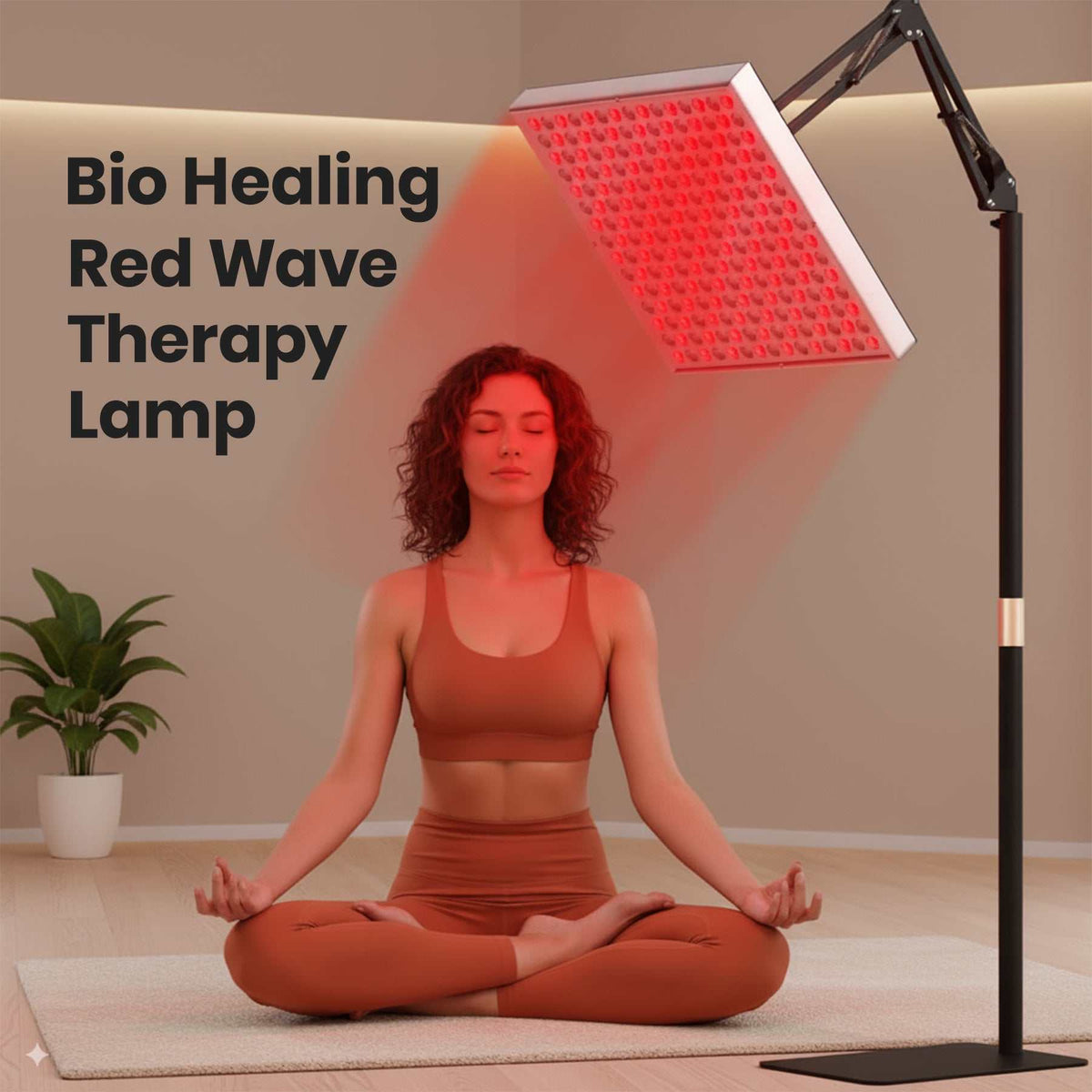 Red light therapy lamp with a rectangular LED panel on an adjustable black stand, glowing red above a seated woman