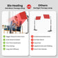 Red light therapy lamp comparison graphic showing a large LED panel and desk stand versus smaller lamps, with feature lists.