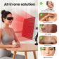660nm Red + 850nm Infrared Red Light therapy lamp with a rectangular red LED panel beside a woman wearing protective glasses