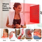 Red light therapy lamp with a rectangular panel of glowing red LEDs beside a woman, showing 660nm Red + 850nm Infrared Red Light