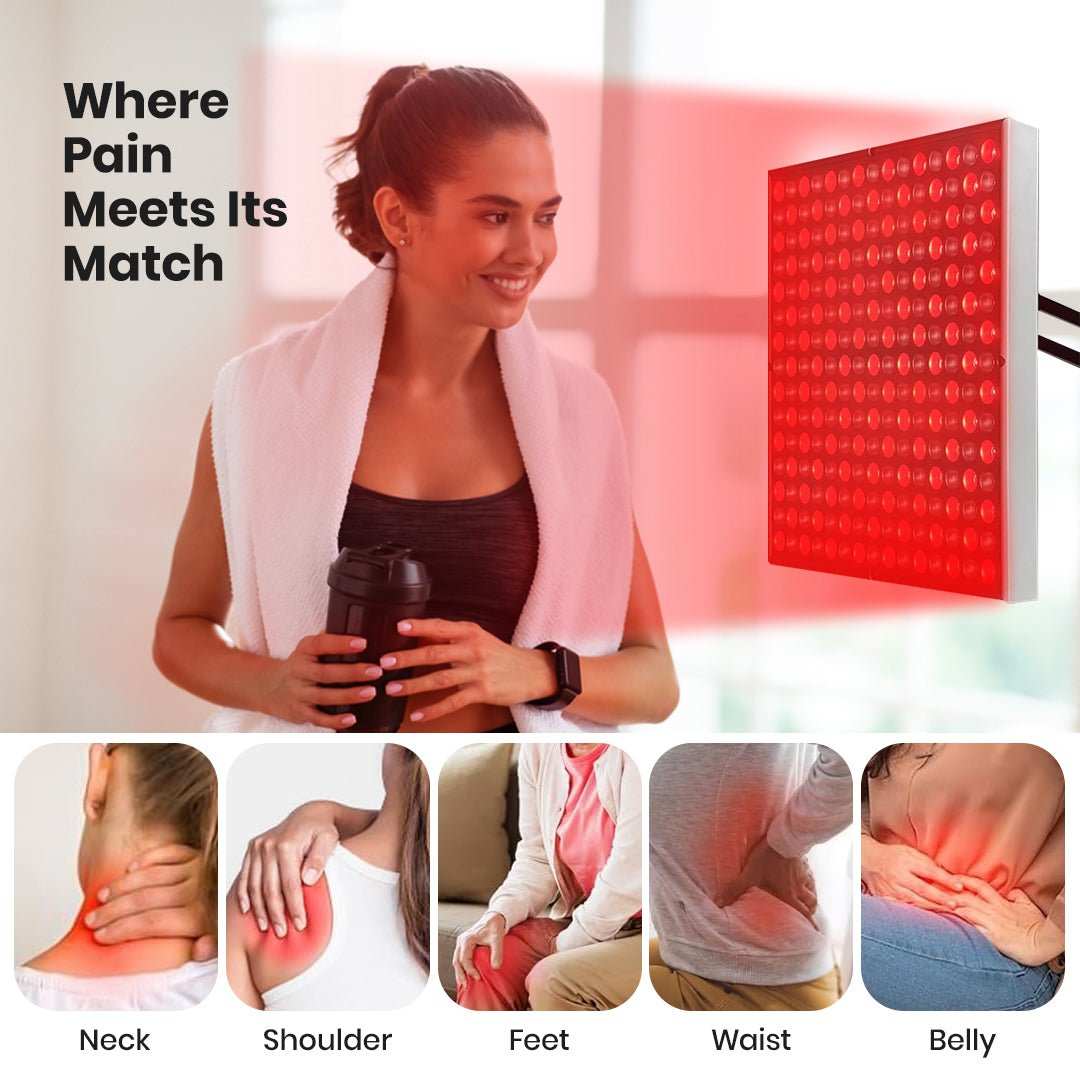 Red light therapy lamp with a rectangular panel of glowing red LEDs beside a woman, showing 660nm Red + 850nm Infrared Red Light