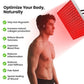 660nm Red + 850nm Infrared Red Light therapy lamp with glowing red LED panel beside a man wearing headphones