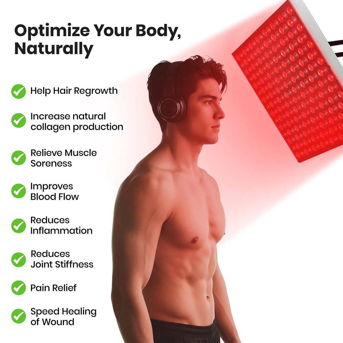 660nm Red + 850nm Infrared Red Light therapy lamp with glowing red LED panel beside a man wearing headphones
