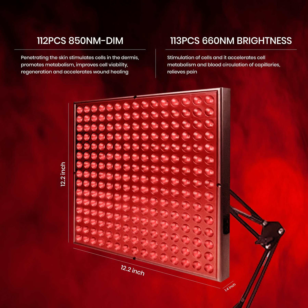 660nm Red + 850nm Infrared Red Light therapy panel with a red LED array, mounted on an adjustable black arm.