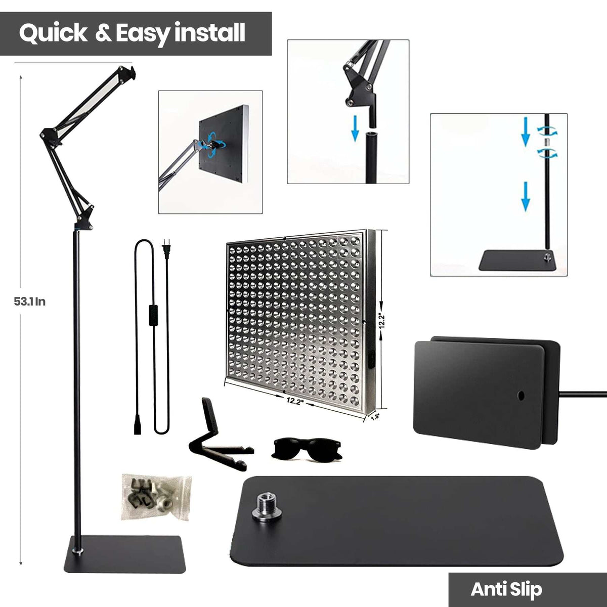 660nm Red + 850nm Infrared Red Light therapy lamp with black articulated arm, square LED panel, weighted base and mounting parts