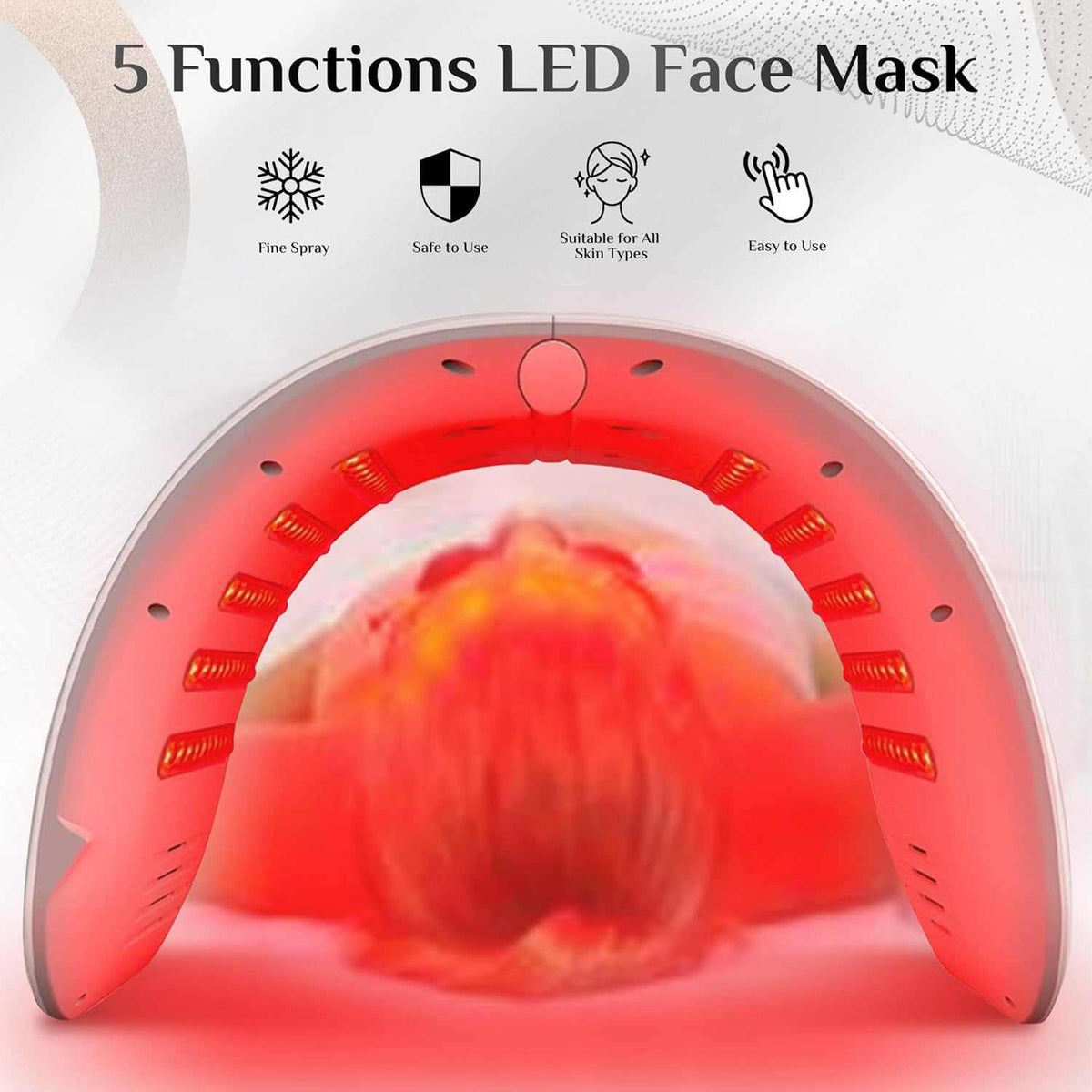 7-Color LED Red Light Therapy Mask with a curved red LED frame and circular light elements surrounding a face