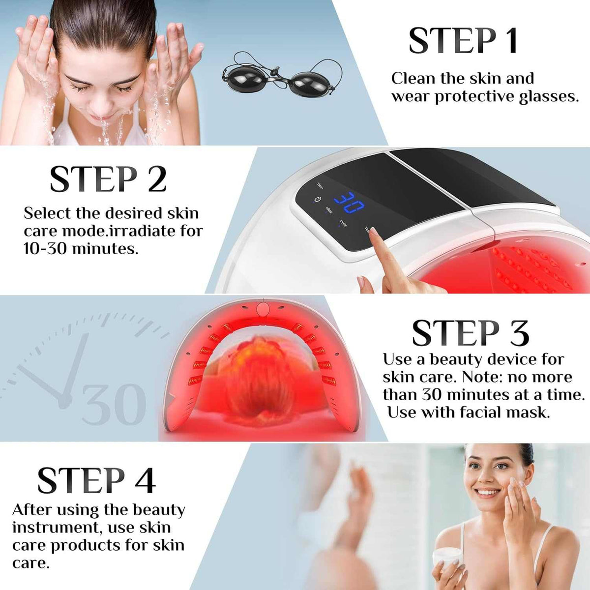 7-Color LED Red Light Therapy Mask with a white facial unit, black touchscreen controls, blue display and red glowing interior
