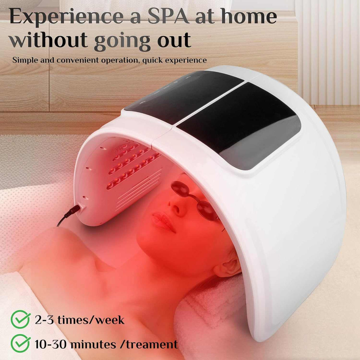 7-Color LED Red Light Therapy Mask, white hooded device with glossy black panels and red LEDs illuminating a reclining face